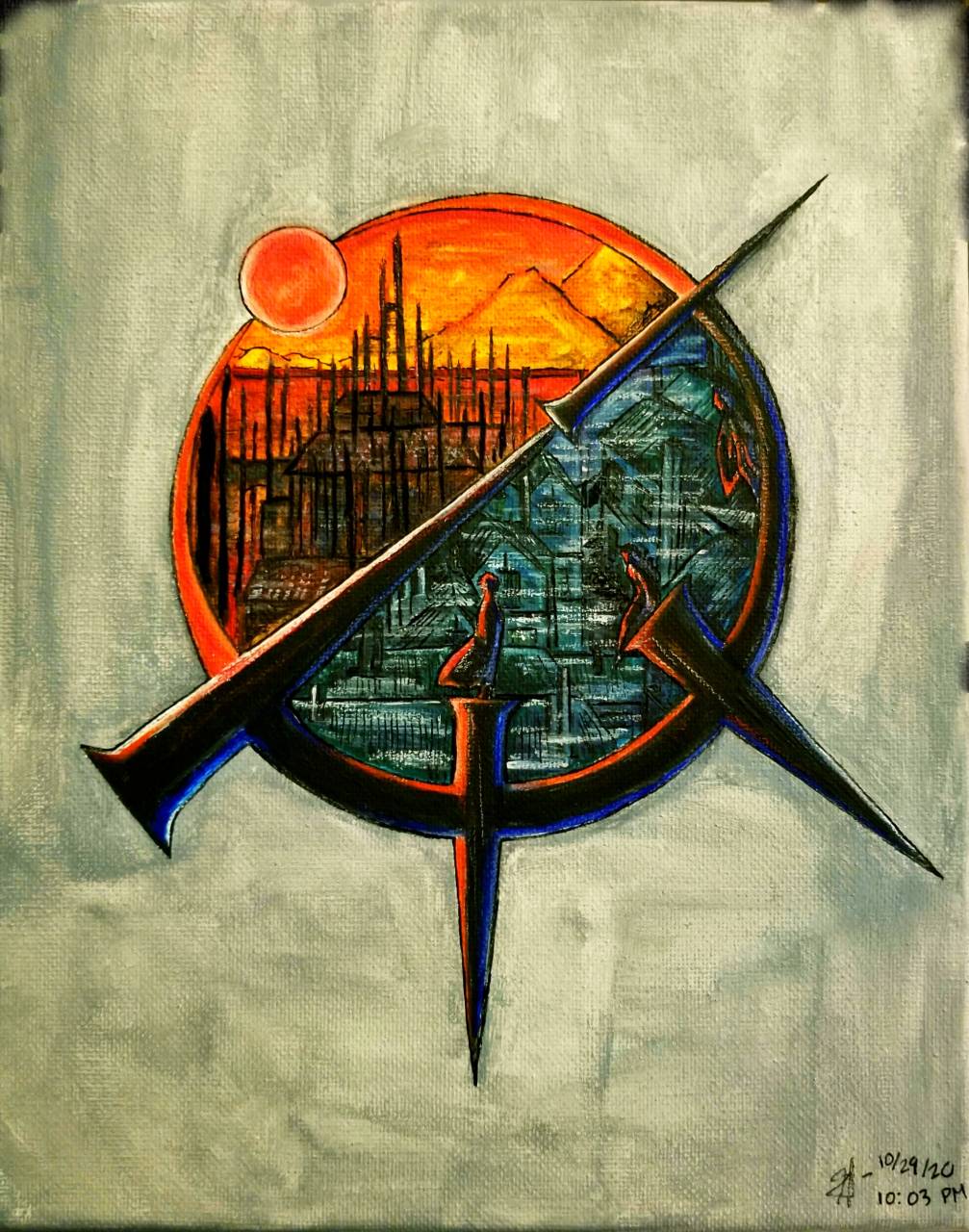Red and blue painting of a circular symbol