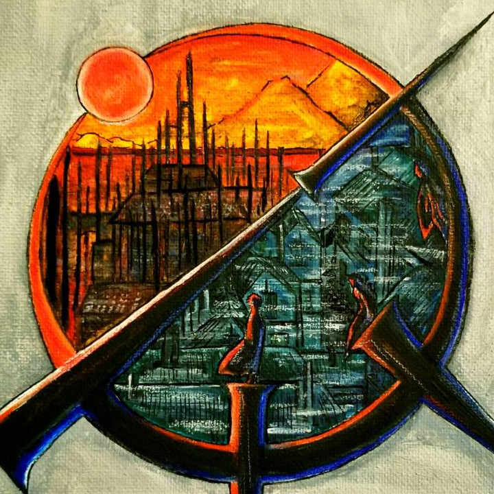Red and blue painting of a circular symbol