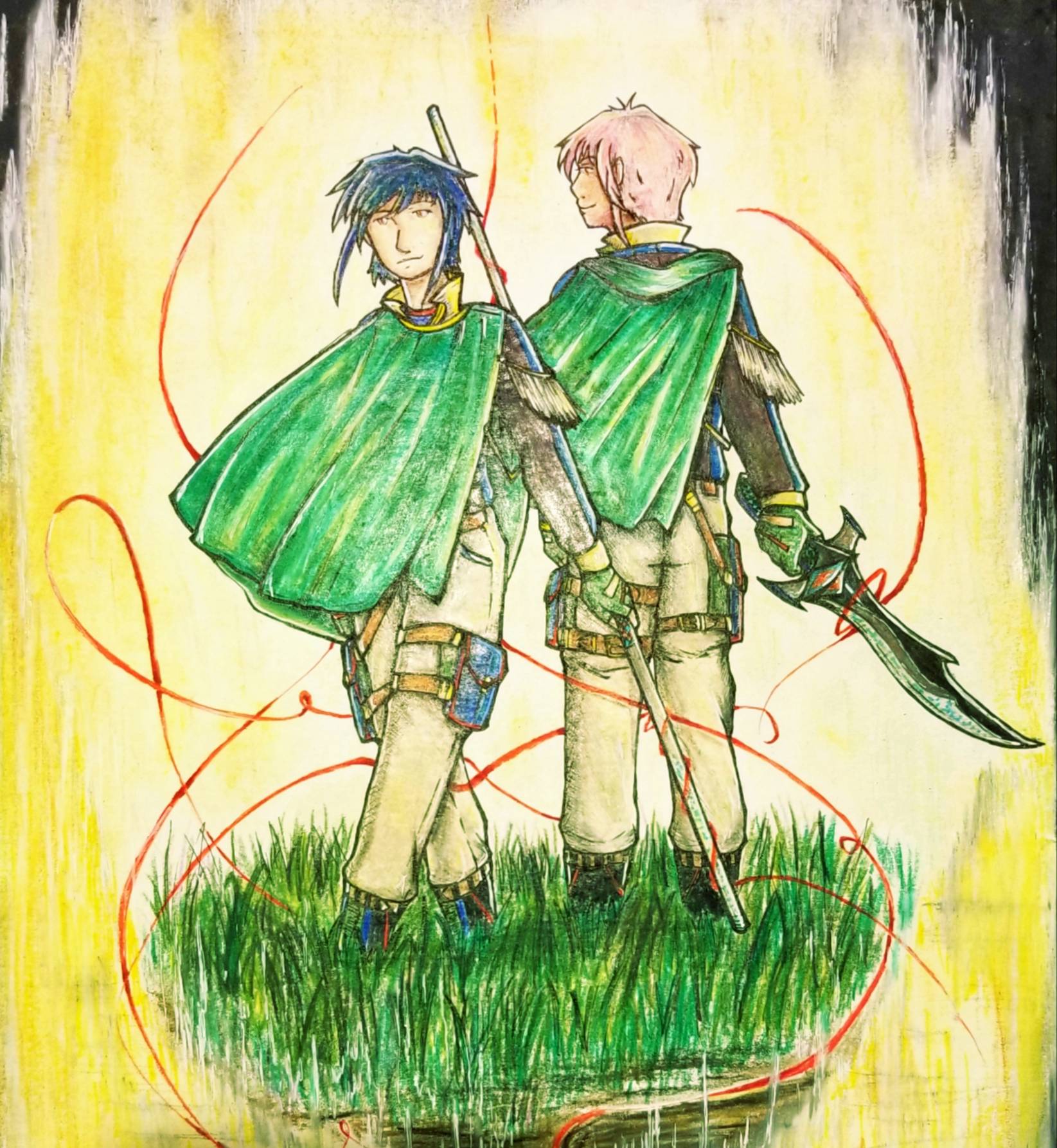 Two individuals dressed in green. One carries a staff, the other a sword