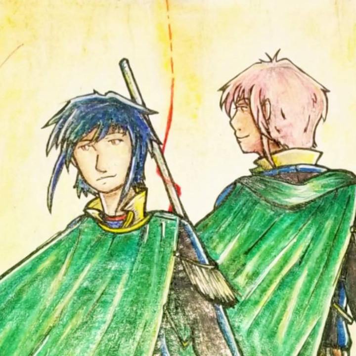 Two individuals dressed in green. One carries a staff, the other a sword