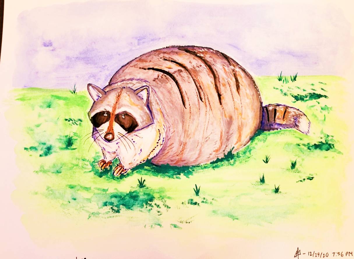 A painting of a very large raccoon in a green field