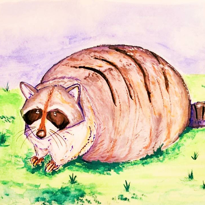 A painting of a very large raccoon in a green field
