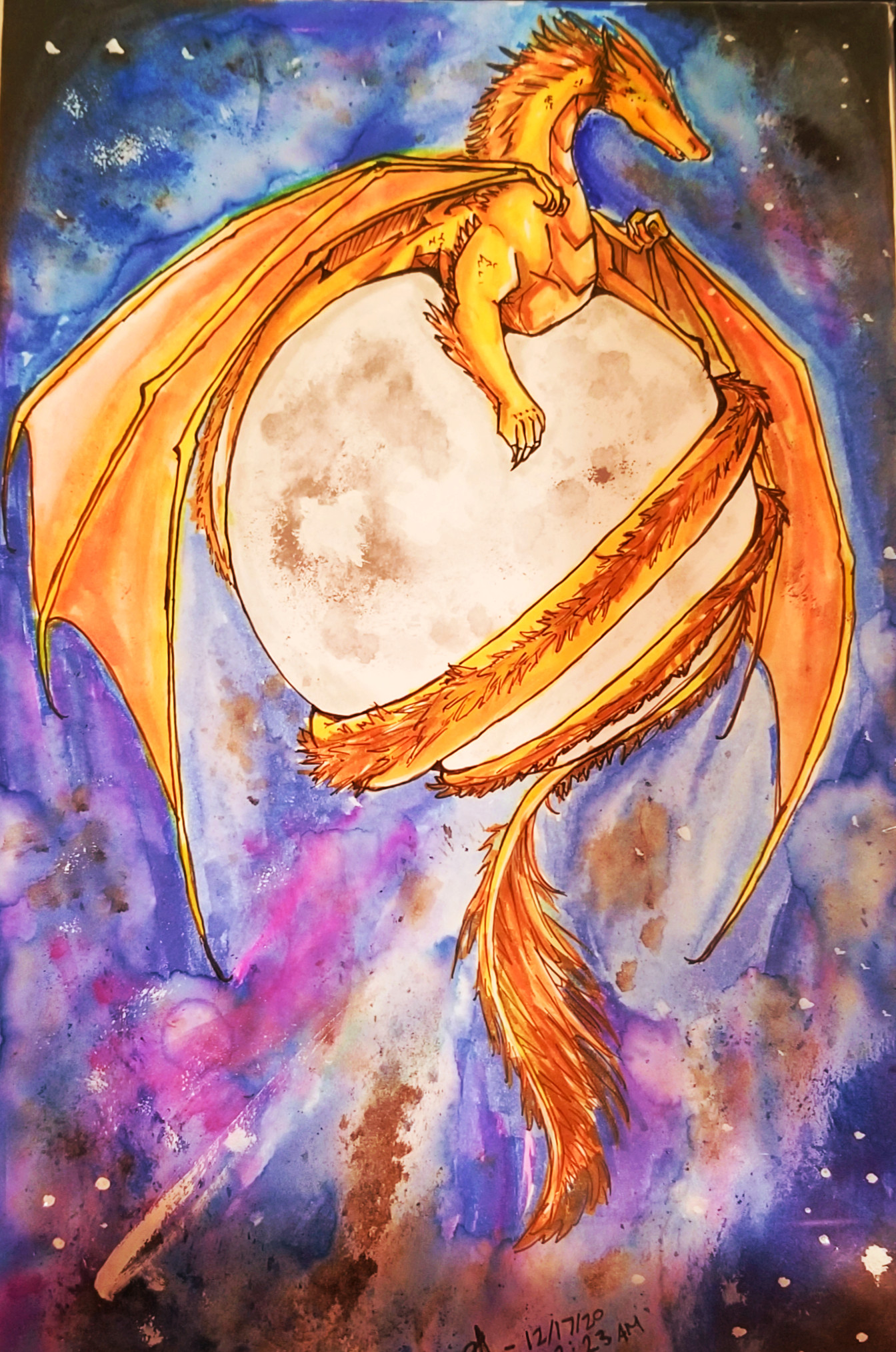 Golden dragon in space on top of the moon