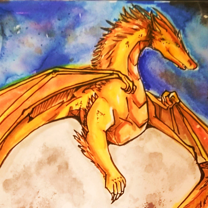 Golden dragon in space on top of the moon