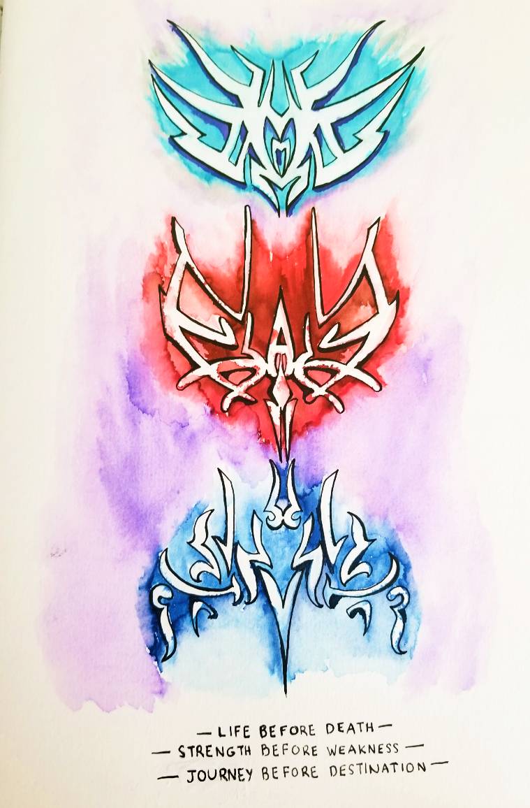 Three symbols, two blue, one red, depicting the orders of the Knight Radiants