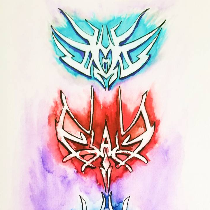 Three symbols, two blue, one red, depicting the orders of the Knight Radiants