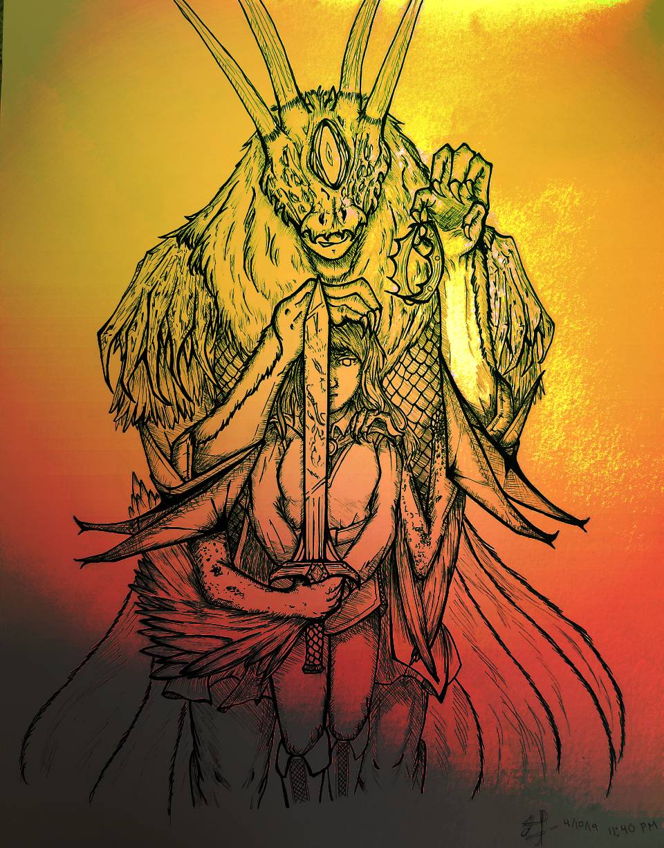 Monstrous creature holding a crown above a young woman