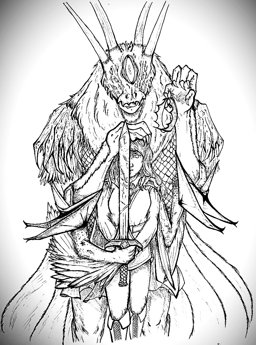 Monstrous creature holding a crown above a young woman