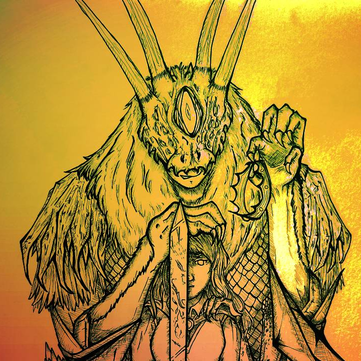 Monstrous creature holding a crown above a young woman