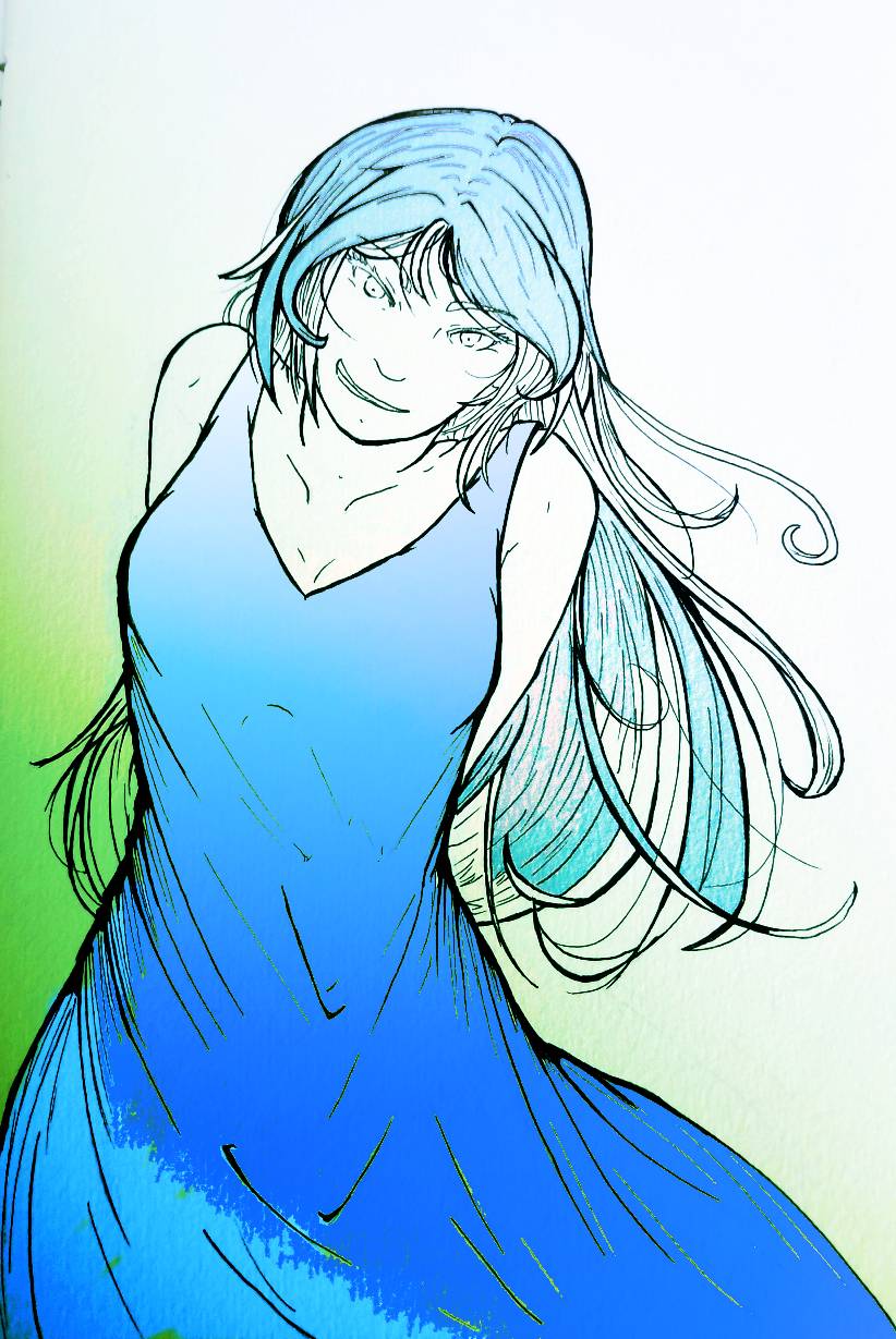 Young woman in a flowing dress with long blue hair