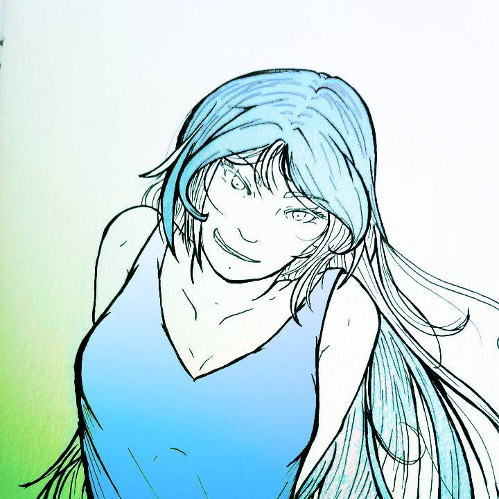 Young woman in a flowing dress with long blue hair