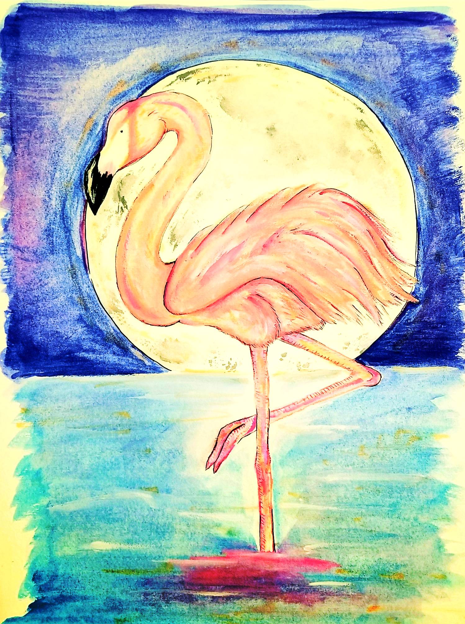 Flamingo standing in a lake with the moon rising behind it