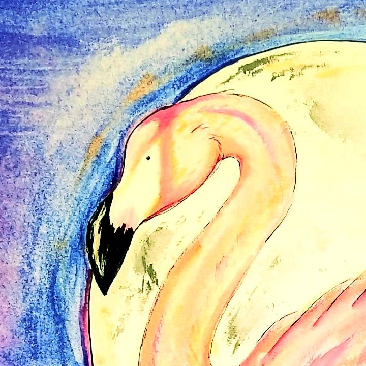 Flamingo standing in a lake with the moon rising behind it