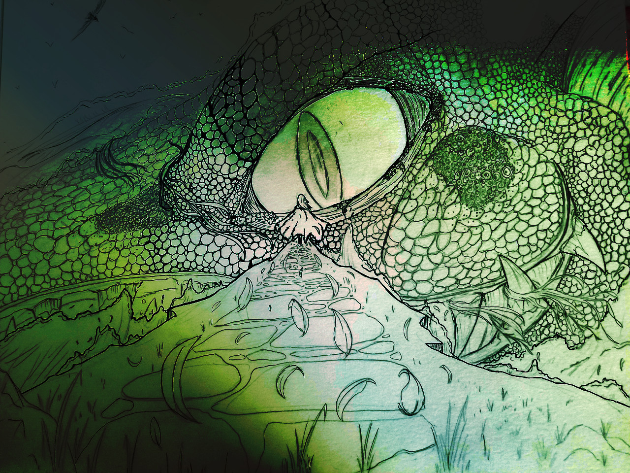 Green image of a large sea creature looming over a longe individual on a cliff