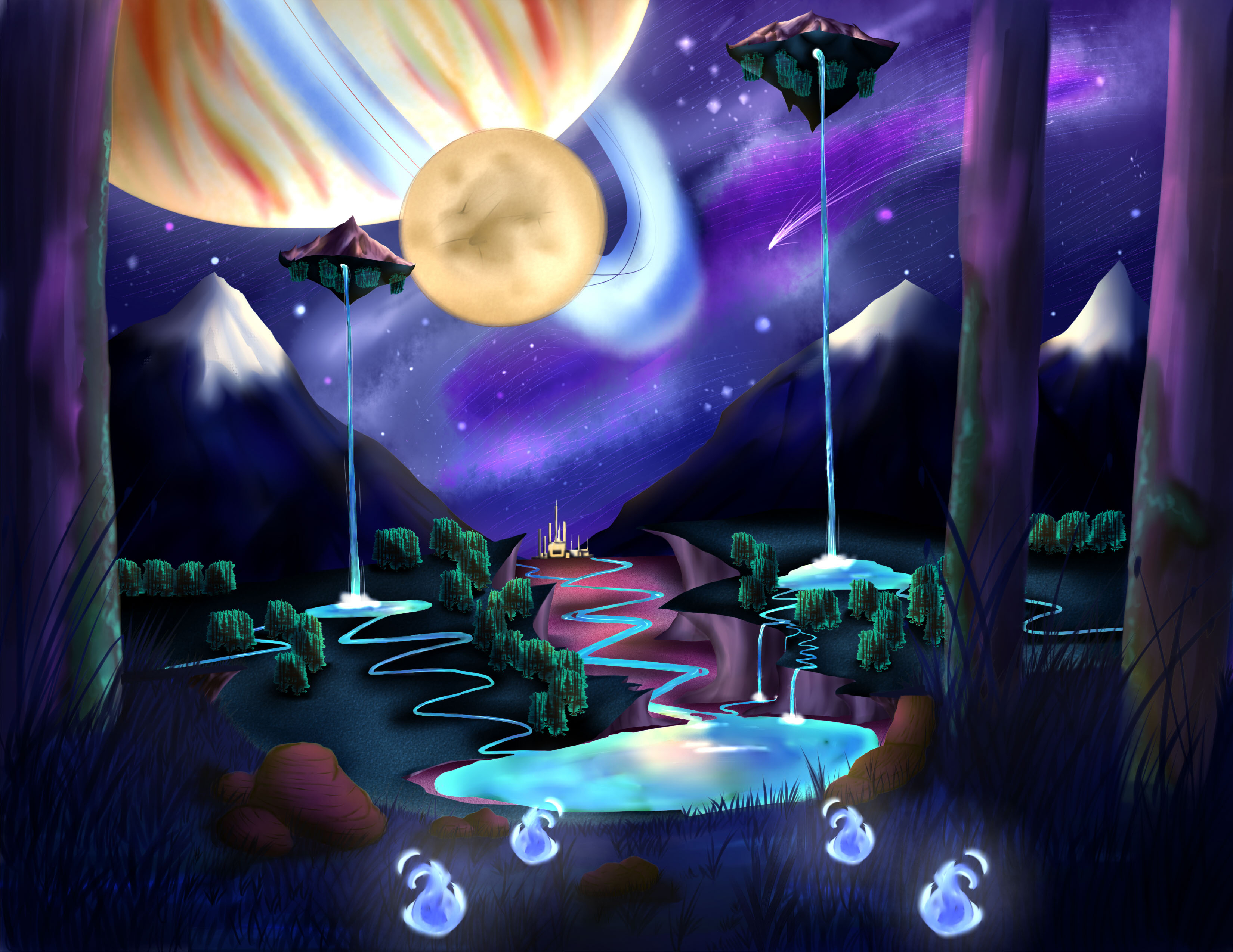 A magical landscape with planets and space shining above it