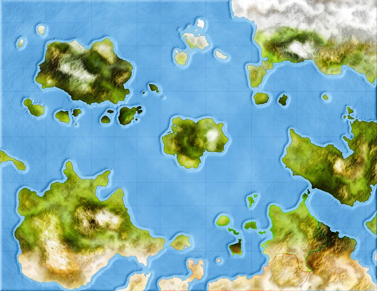 A digitially drawn map depicting four main land masses separated by ocean