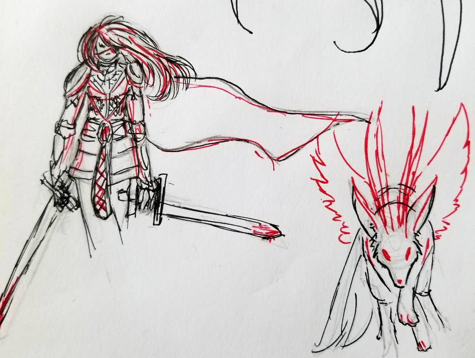 An armored figure holding two swords while alongside a monstrous winged canine creature
