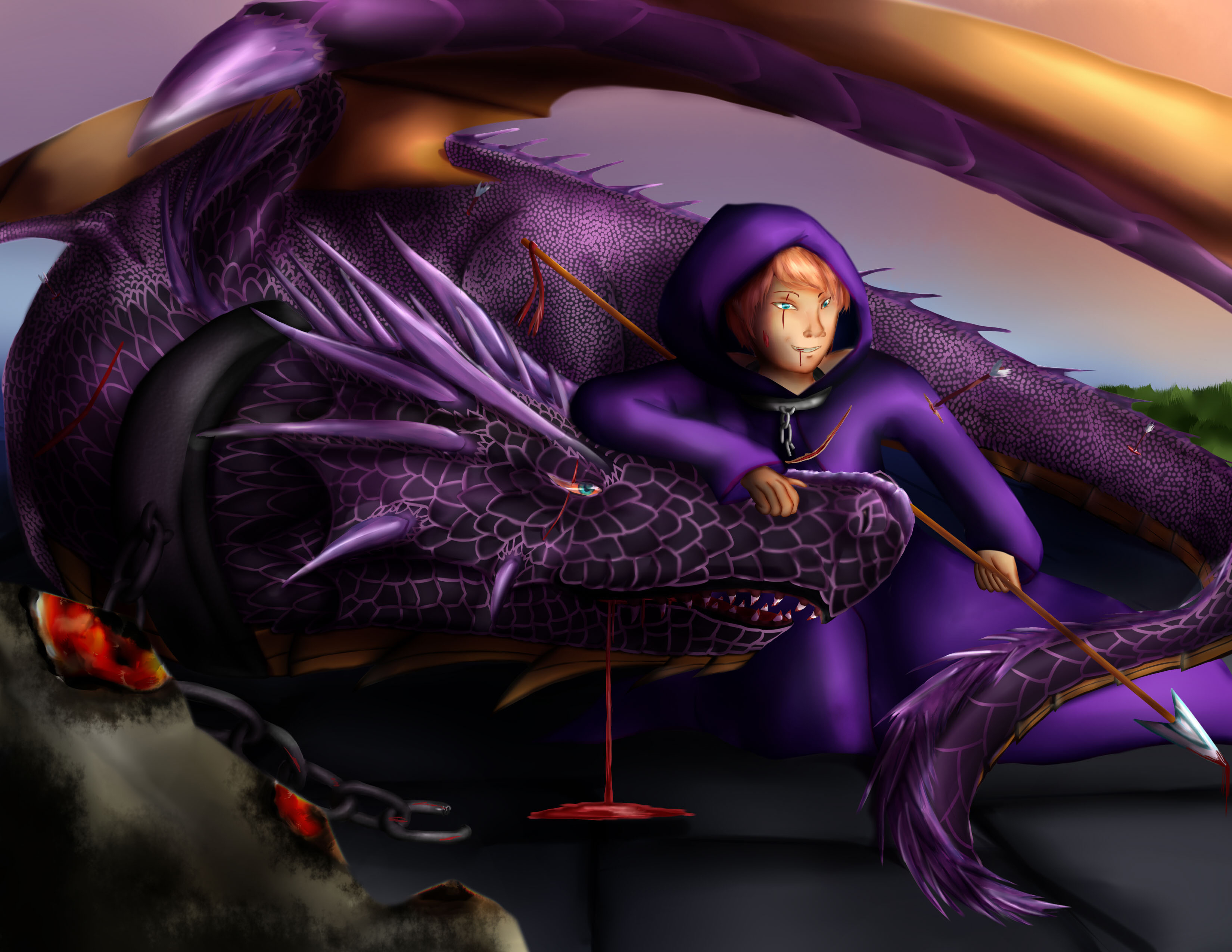 A man dressed in robes kneeling next to an injured dragon